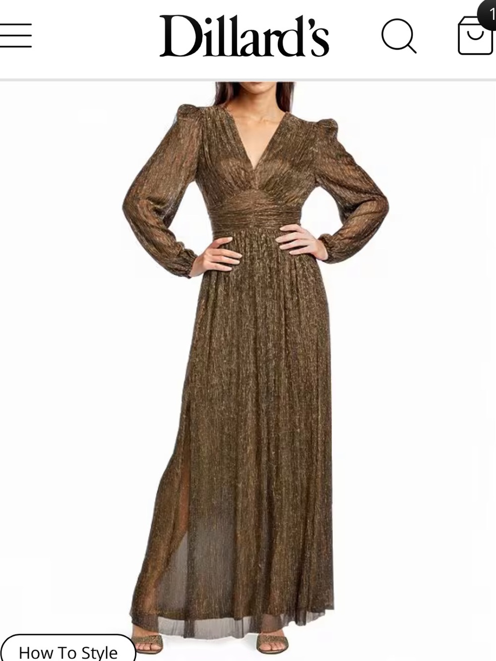 Alex Marie Bella Crinkle Metallic V-Neck Blouson Long Sleeve A-Line Gown